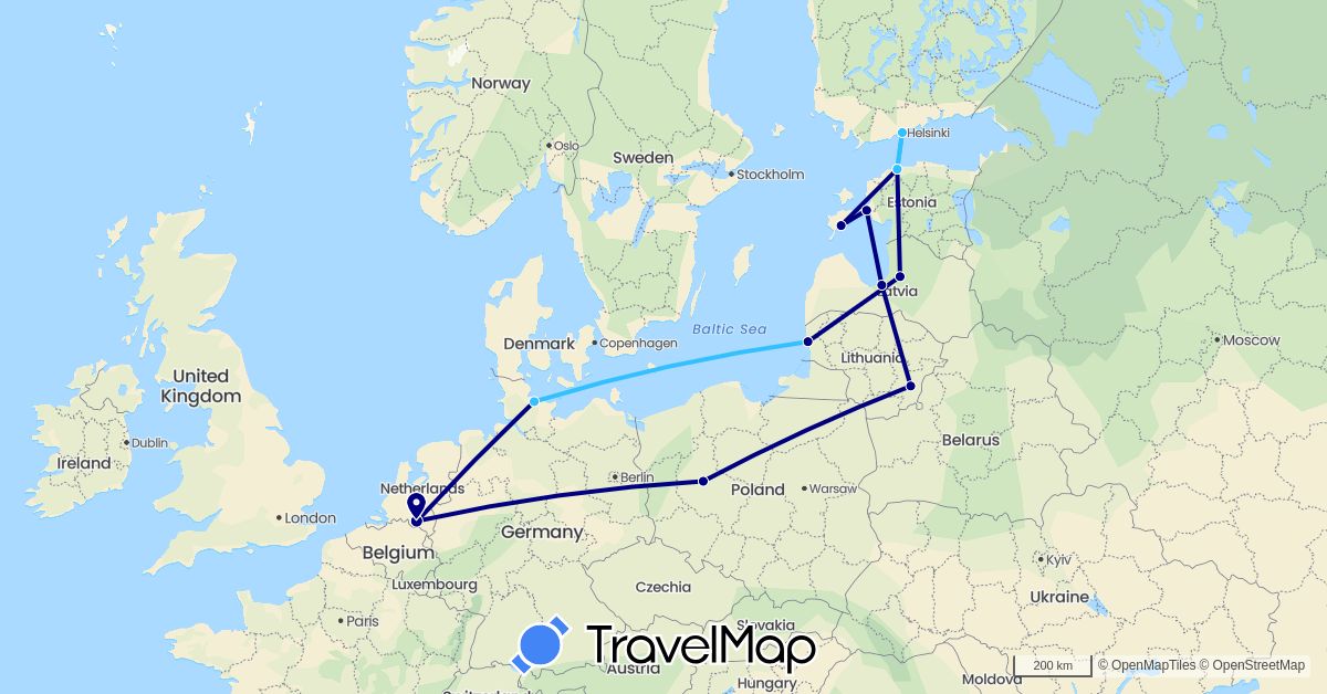 TravelMap itinerary: driving, boat in Germany, Estonia, Finland, Lithuania, Latvia, Netherlands, Poland (Europe)